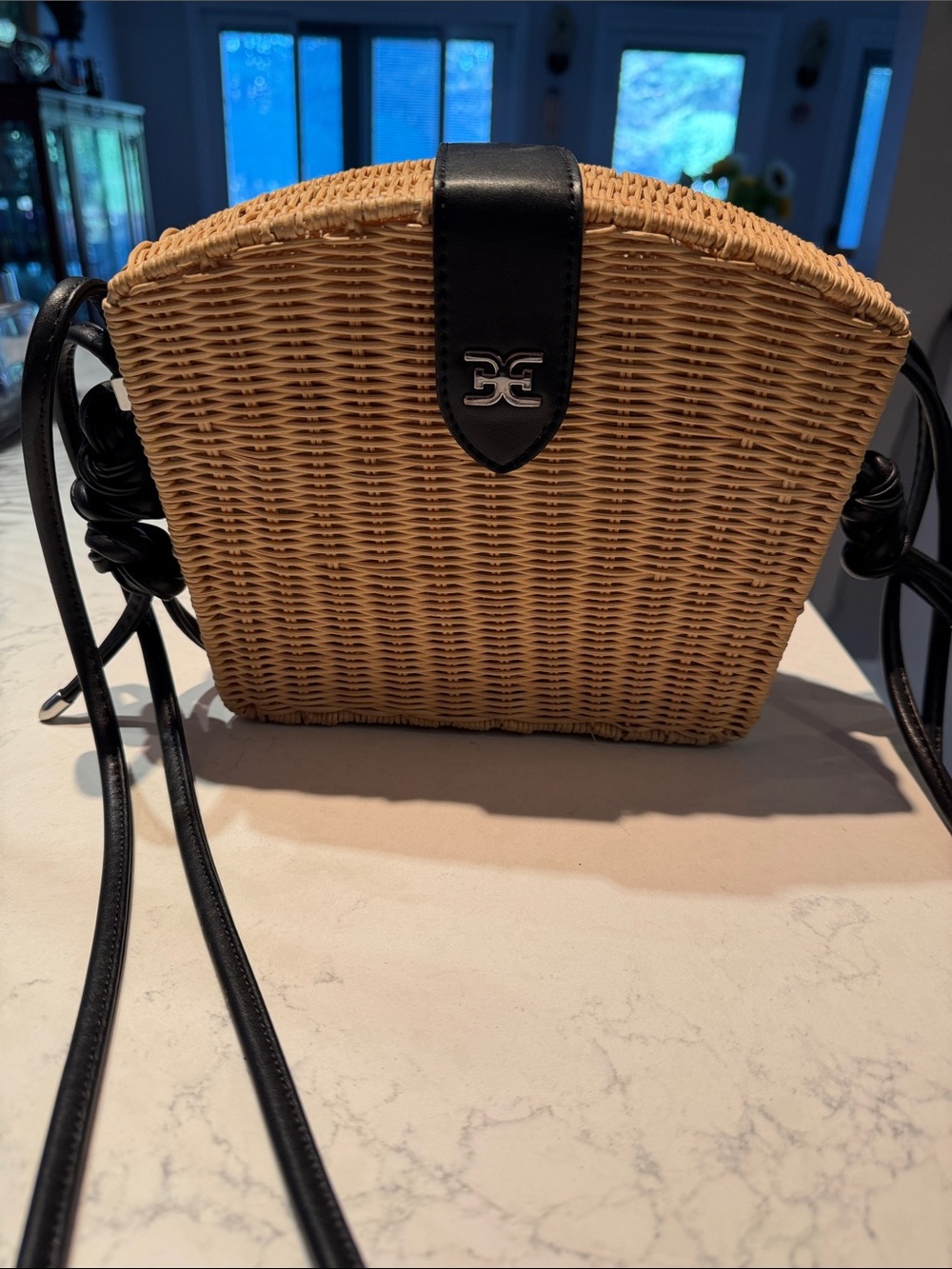 Woven Straw Crossbody Bag with Black Leather Trim NEW